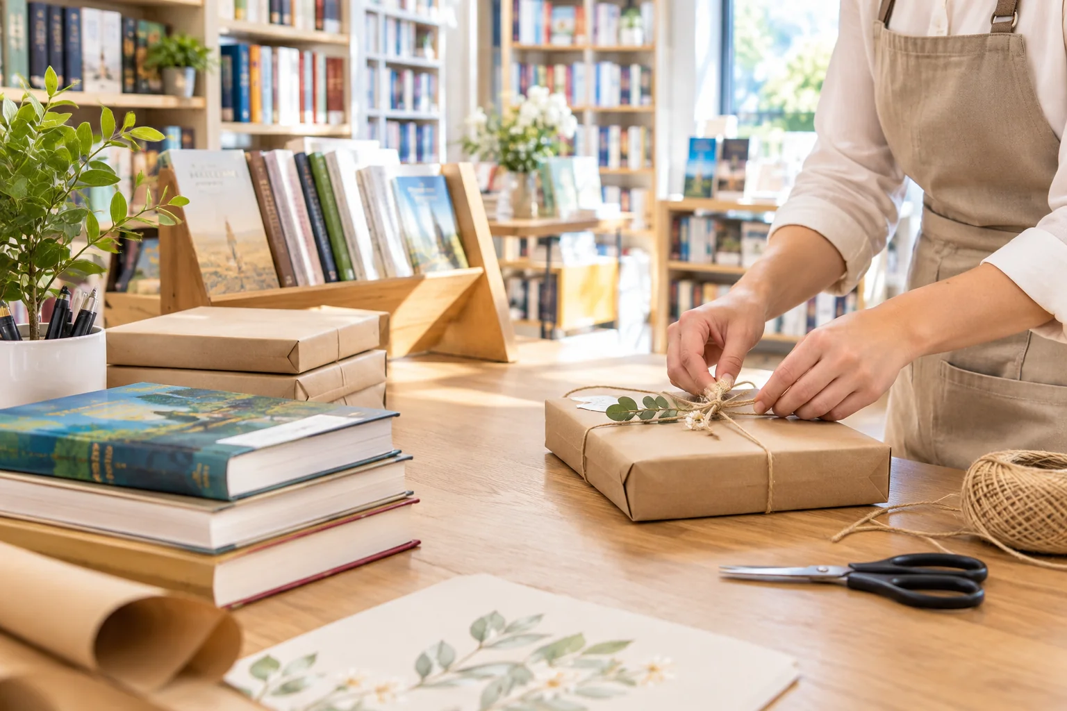 Manos envolviendo y confeccionando un libro a mano, con hilo, papel kraft y ramitas de eucalipto sobre una mesa de madera